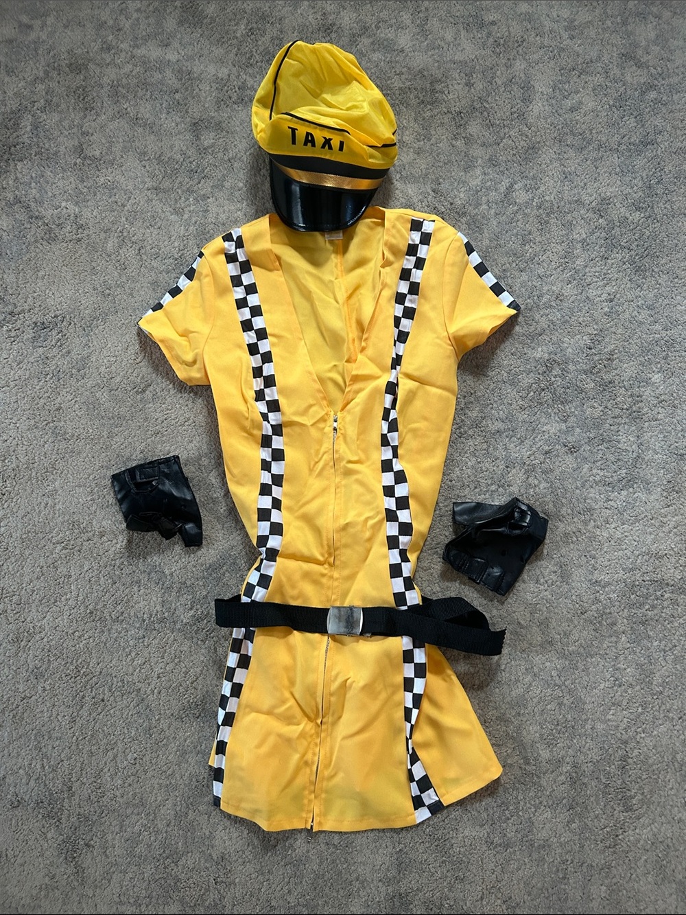 Yellow Taxi Adult Halloween Costume with Checkered Trim